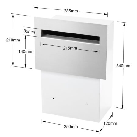 Milkcan-221STS-WHT-chelsea-fence-letterbox-stainless-white-dims-1100px